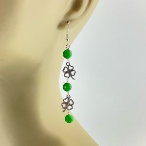 New Shamrock Dangle Earrings, Handmade, St Pats Day, Lucky Clover, Green Stone